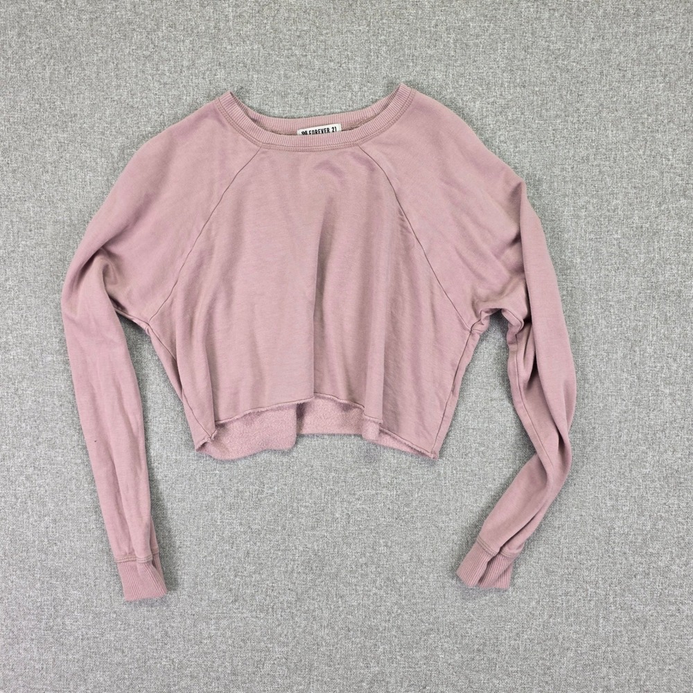 Forever 21 Womens M Mauve Pink Cropped Raglan Sweatshirt Raw Hem Y2K
